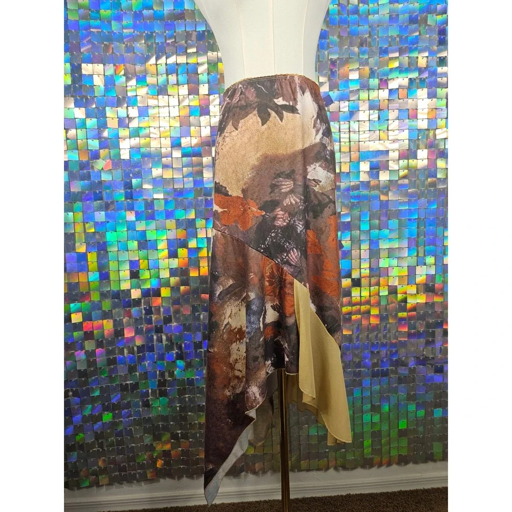 Asymmetrical Floral Midi Skirt Womens Brown Tan Renaissance Fairycore Western - Picture 3 of 10